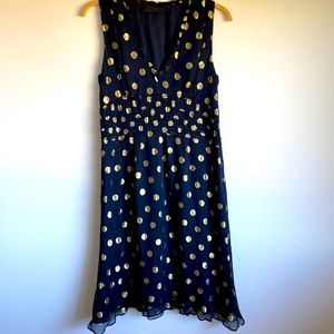 Derek Lam Silk Navy Blue Gold Dot Midi Dress